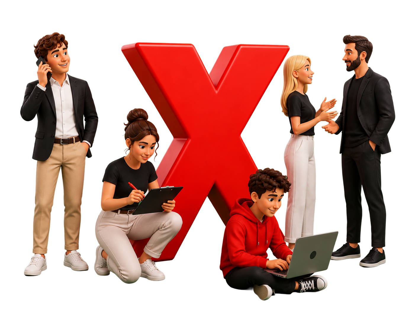 Illustrazione 3D di persone impegnate in diverse attività davanti al simbolo TEDx, rappresentazione della candidatura spontanea e della possibilità di entrare nella community TEDxVicenza.