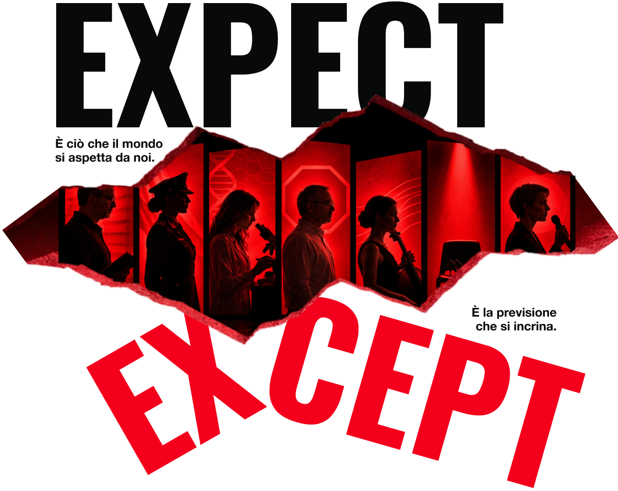 Key visual dell’evento TEDxVicenza Women “EXPECT/EXCEPT”, con fotografie di persone e professionisti illuminate in rosso, incorniciate da una superficie strappata. Le parole “EXPECT” ed “EXCEPT” rappresentano il contrasto tra aspettative e realtà